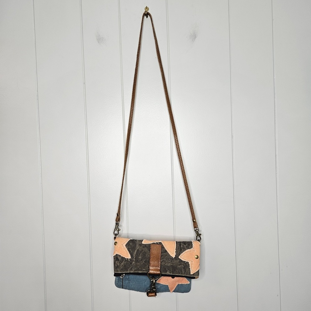 Mona B Canvas Crossbody Purse Stars Fold Over‎ Black Peach Blue